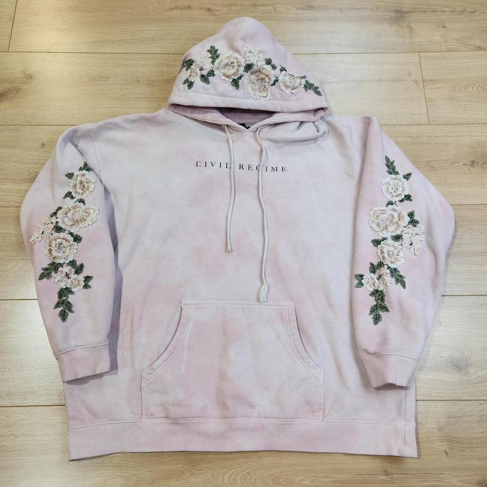 Civil Regime Hoodie Sweatshirt Mens XL Pink Floral Embroidered Fleece Pullover